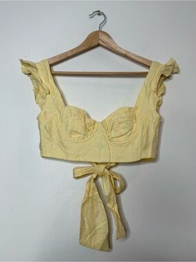 Isa Boulder 100% Linen Bustier Ruffle Structured Crop Top in butter yellow xs